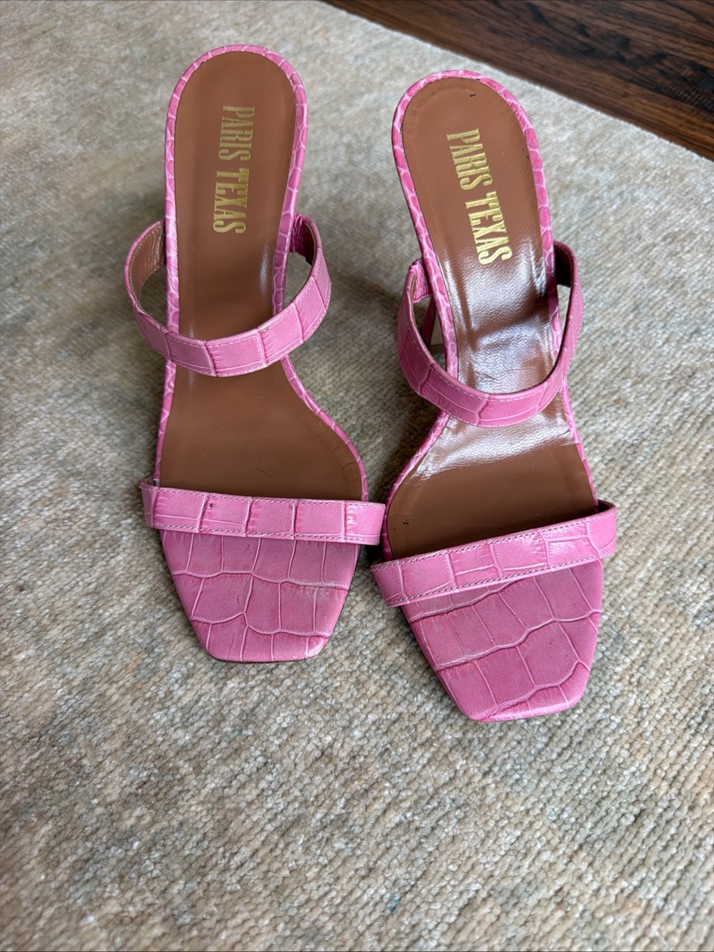 Paris Texas Pink Croc-Embossed Double Strap Mule Heels